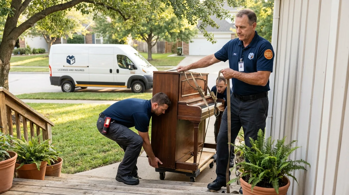 Licensed piano movers securing grand piano in Flagstaff, AZ