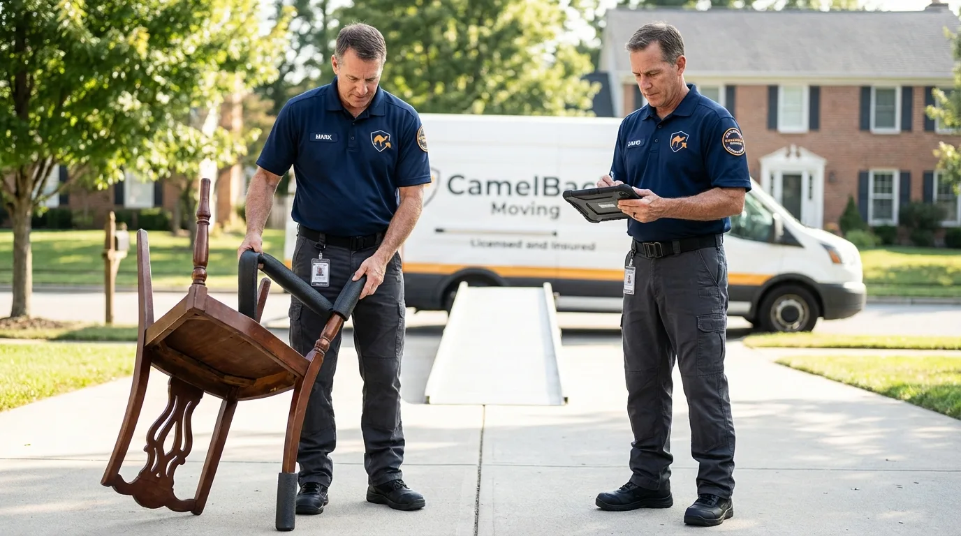 Movers inspecting furniture for damage prevention before loading in Flagstaff, AZ