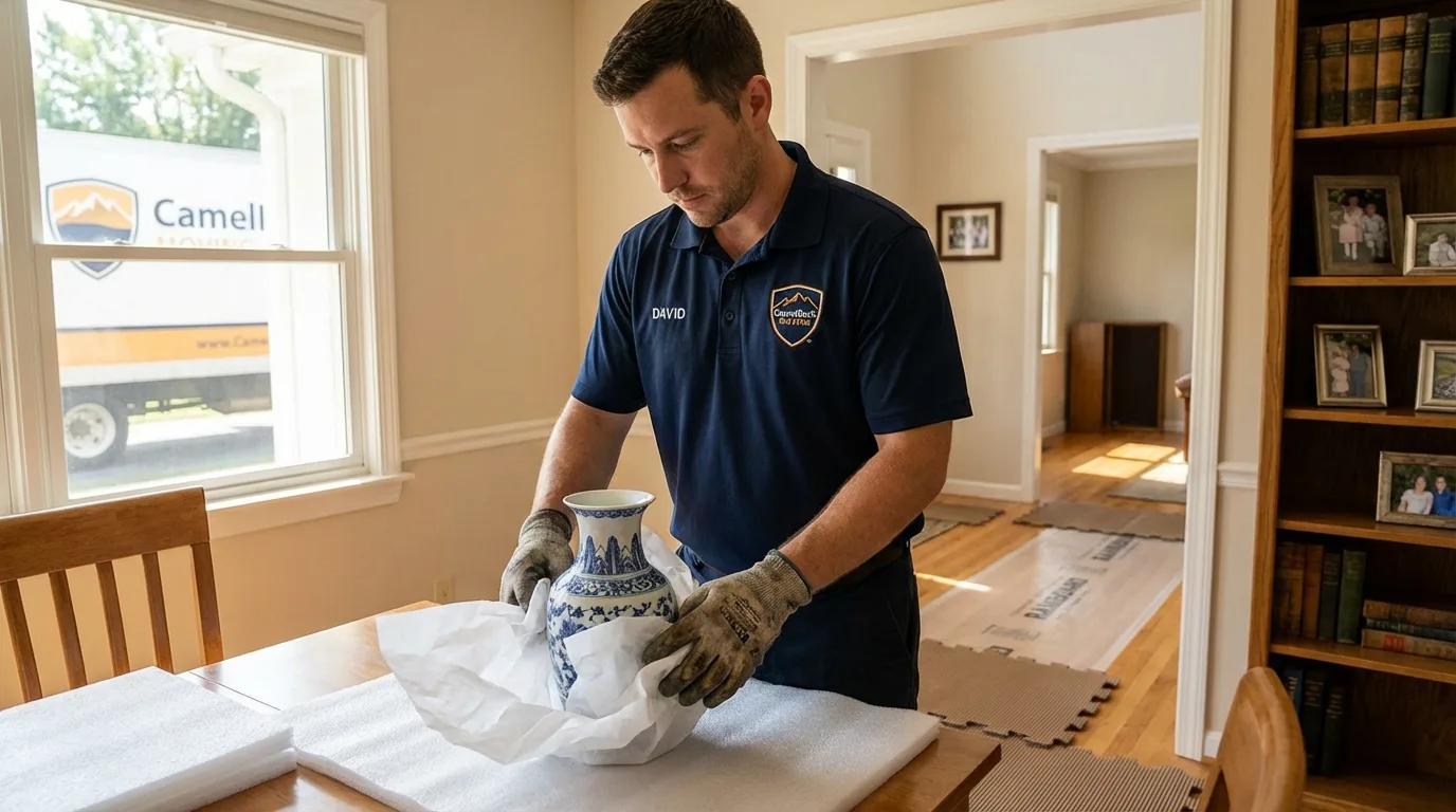 Professional crew carefully wrapping antique vase for senior downsizing move in Flagstaff, AZ